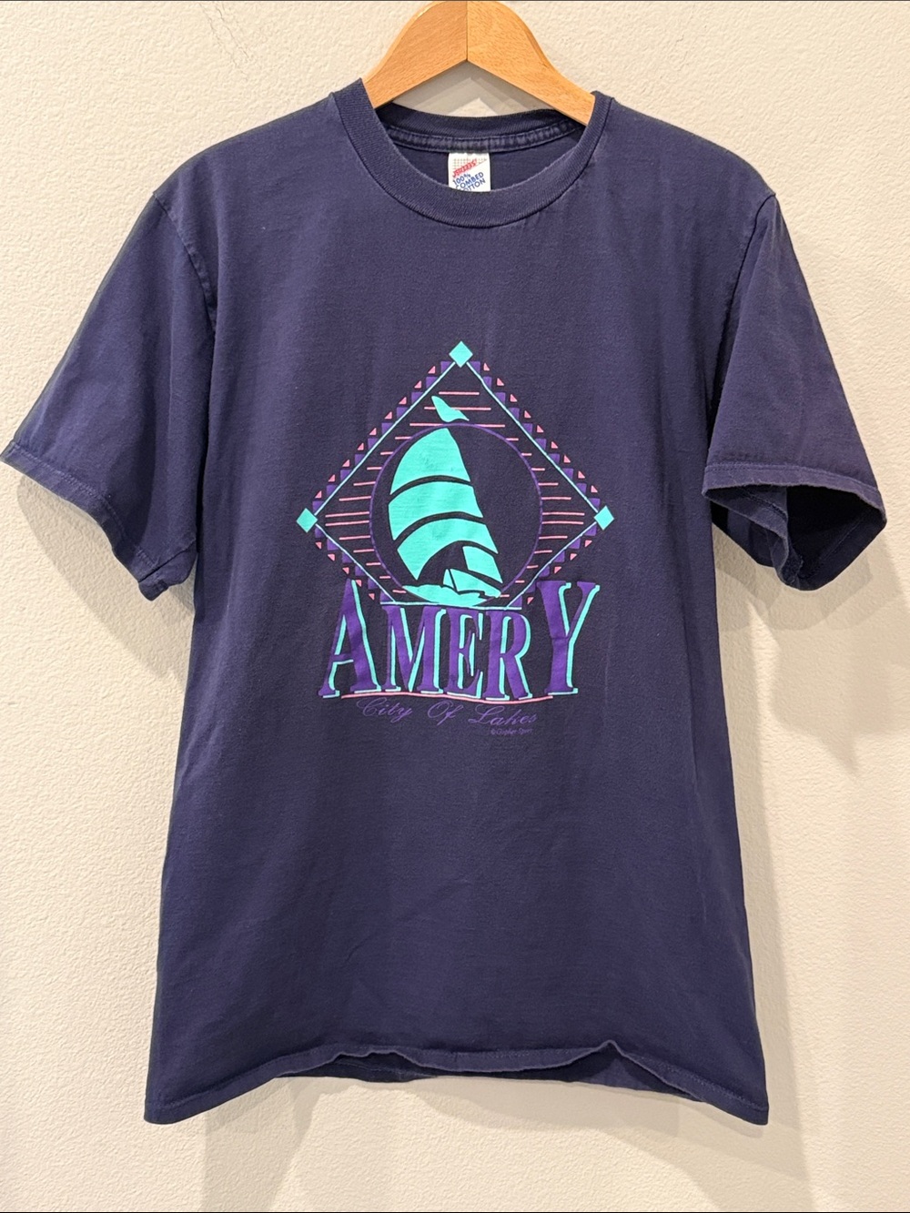 Vintage Graphic Tee Sailboat Print in Teal and Purple Wisconsin City of Lakes L